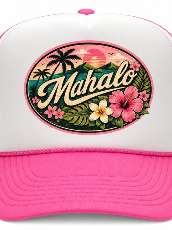 thepatriotspride.com Accessories - Hawaii Mahalo Retro Vintage Style Foam Trucker Hat Mesh Snapback Pink